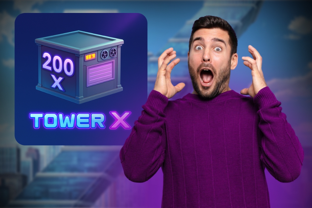 A man displays a Tower X game, emphasizing its vibrant artwork and engaging gameplay.